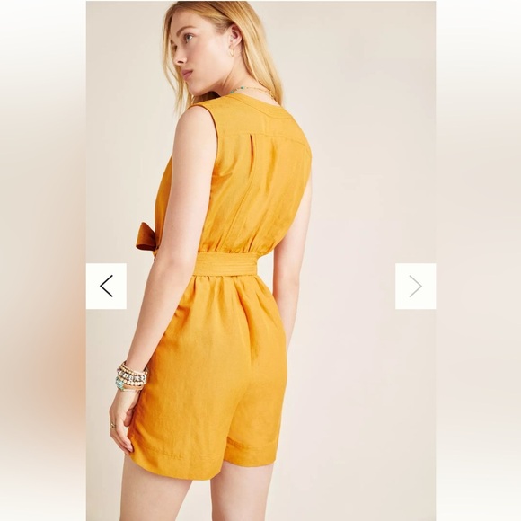 Anthropologie Maeve Luana Romper Size 2 Yellow Orange Tie Belt Boho Linen Blend - Picture 2 of 13